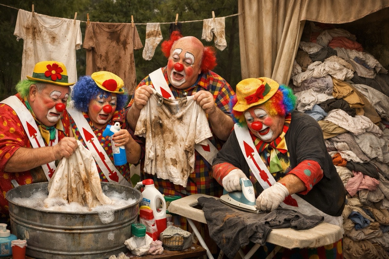 Order of the Arrow clowns washing a heap of dirty laundry